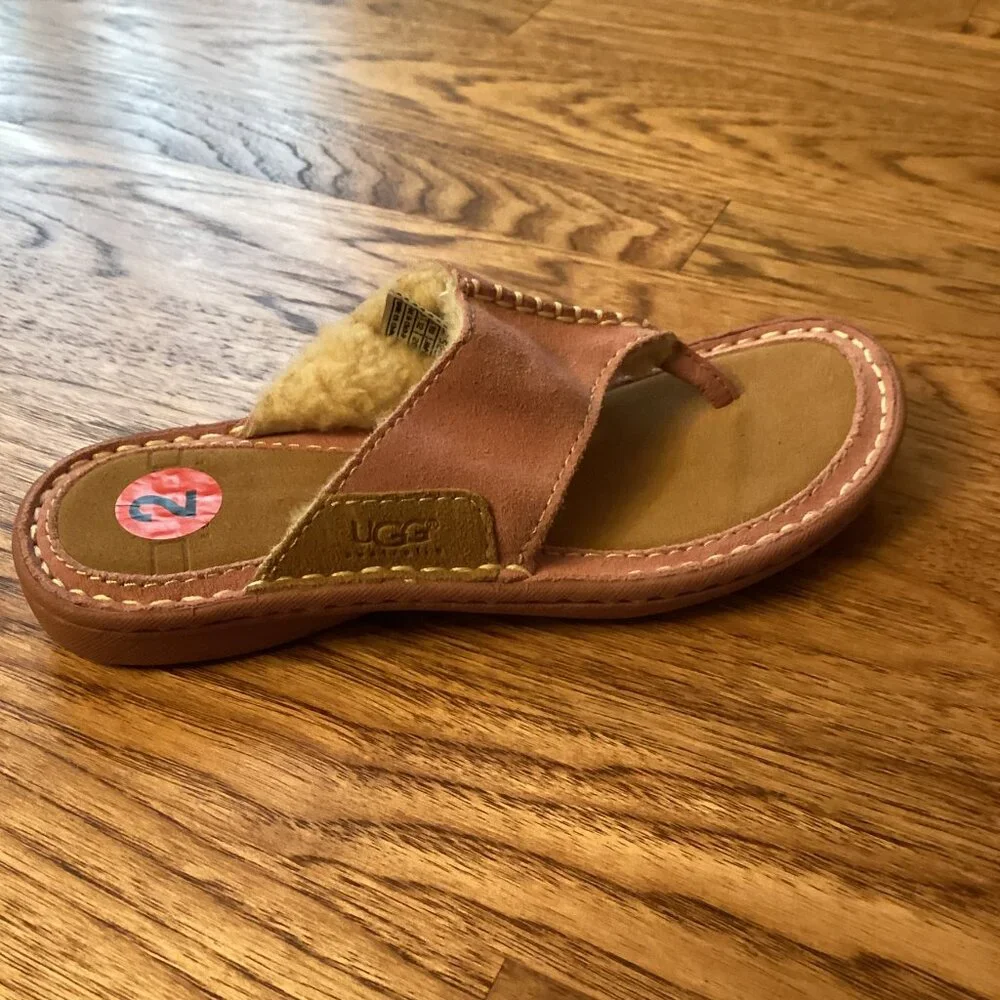 NWT UGGS KIDS Layback Suede Leather & Fleece Flip Flop Sandals Shoes in Pink 2